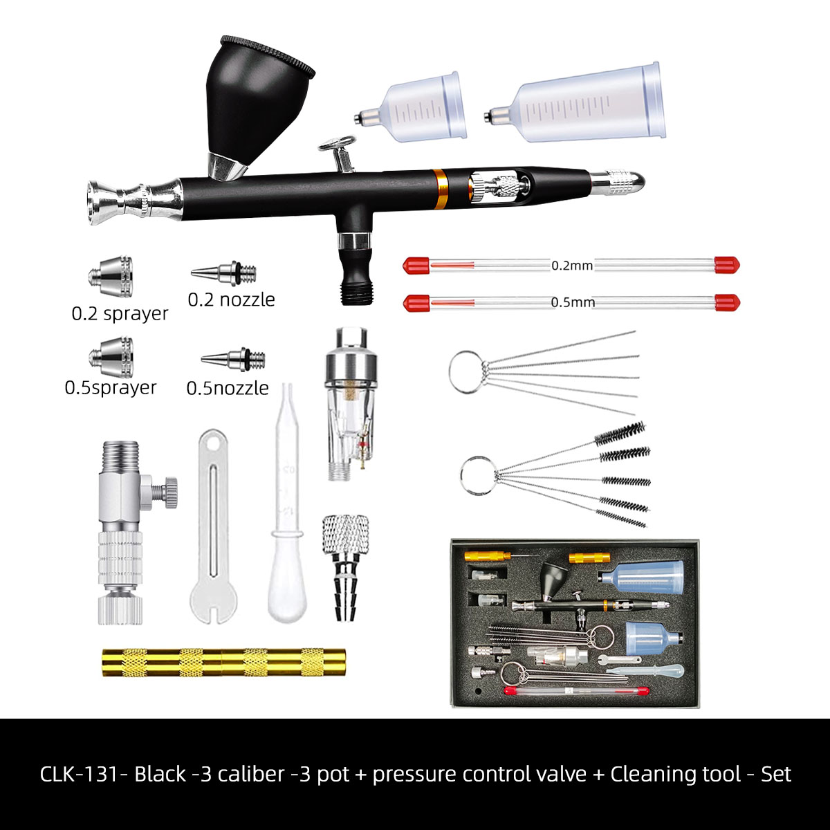 CLK130 Double Action Gun Kit 0.3mm Needle Nozzle with Wrench and Release Connector Adapter for Tattoo Nail Cakes