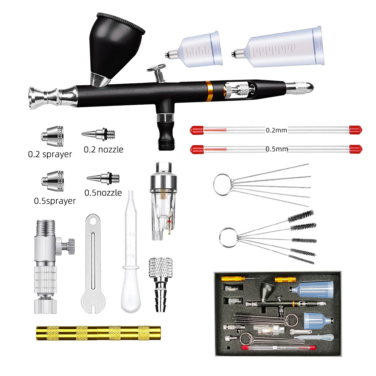 CLK130 Double Action Gun Kit 0.3mm Needle Nozzle with Wrench and Release Connector Adapter for Tattoo Nail Cakes