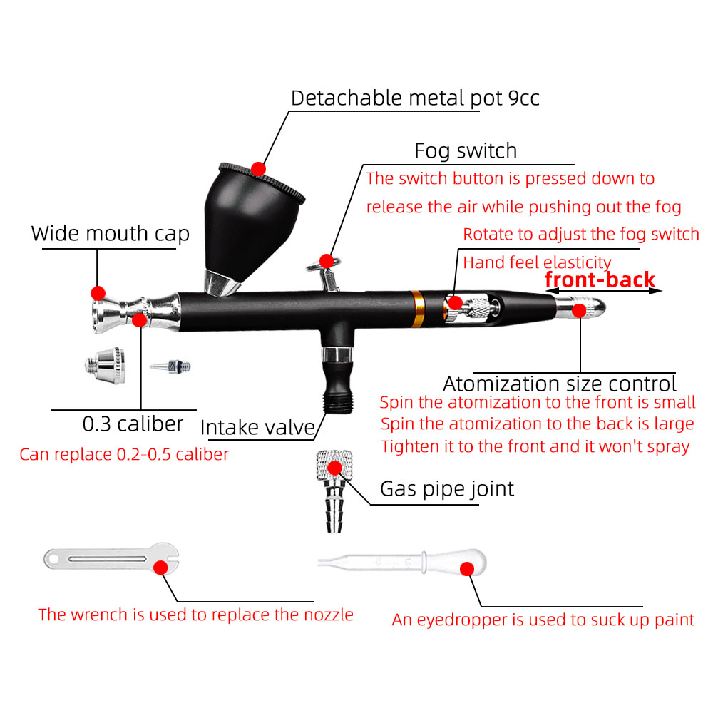 CLK130 Double Action Gun Kit 0.3mm Needle Nozzle with Wrench and Release Connector Adapter for Tattoo Nail Cakes