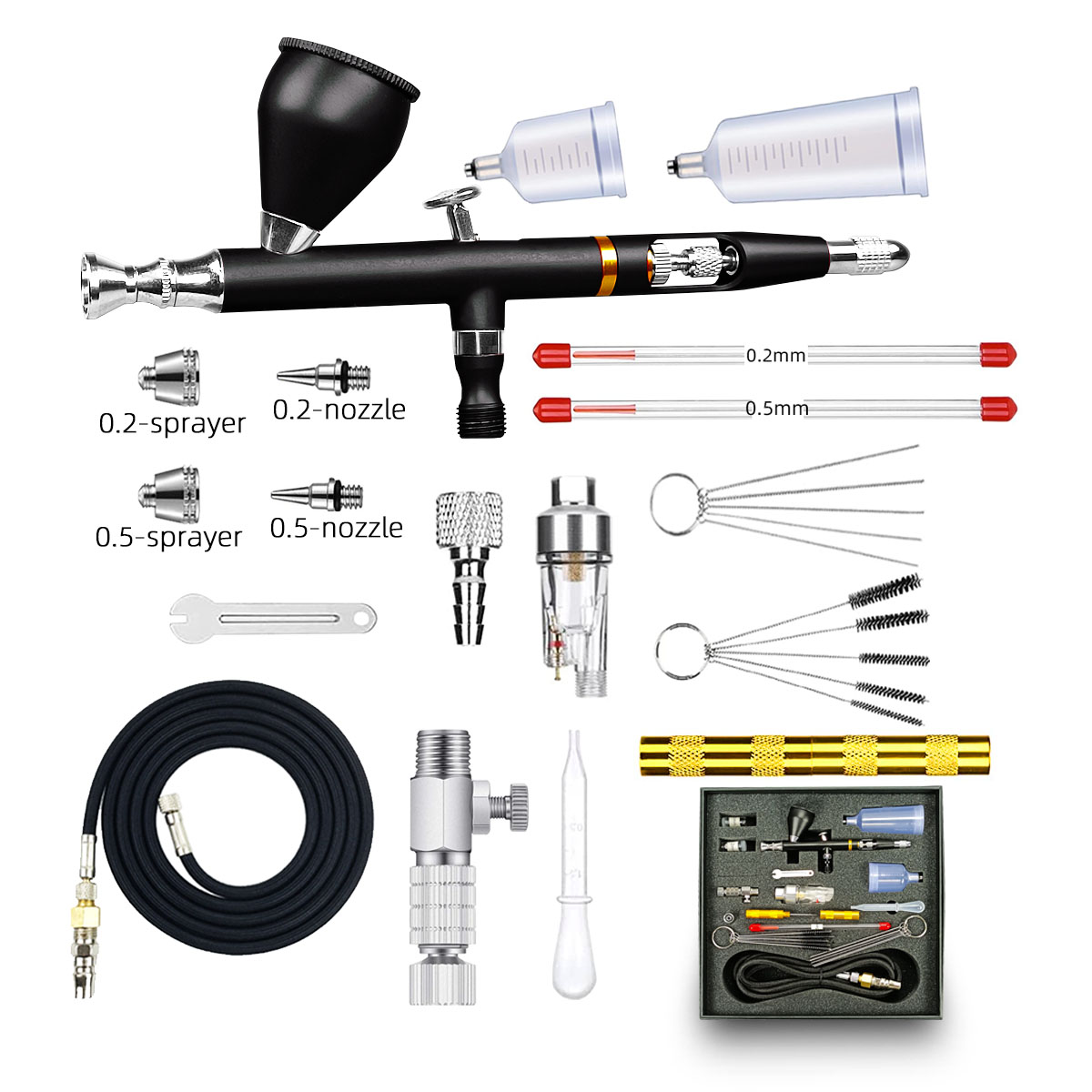 CLK-131- Black -3 kettles -3 calibe Dual Action Gun Kit 0.2 0.3 0.5 mm Air Gun Sprayer Hose Filter Accessories Nail Tool
