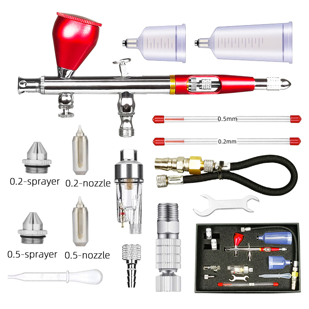 AR-180T- Red -3 caliber - set Dual Action Spray Gun Kit 0.2/0.3/0.5mm Spray Gun Nozzle Hose Filter Accessories Nail Art 