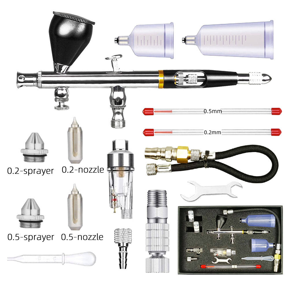 AR-180T- Black -3 caliber - suit Dual Action Spray Gun Kit 0.2/0.3/0.5mm Spray Gun Nozzle Hose Filter Accessories Nail A