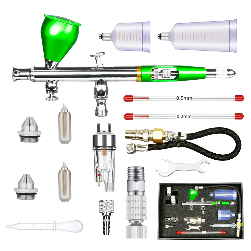 Dual Action Spray Gun Kit AR-180T- Green -3 caliber - Set Spray Gun Nozzle Hose Filter Accessories Nail Art Tools Tattoo