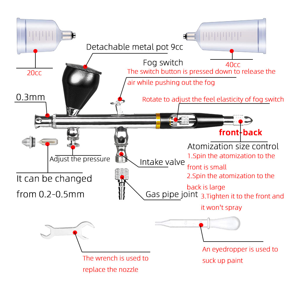 Dual Action Spray Gun Kit 0.2/0.3/0.5mm Spray Gun Nozzle Hose Filter Accessories Nail Art Tools Tattoo Paint Pastels