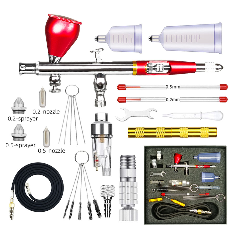 Double Action Gun AR180T 9cc 1/3 oz Liquid Cup Quick Extraction air Cap Nozzle Gravity Feeding Attachment（Red 3 caliber 