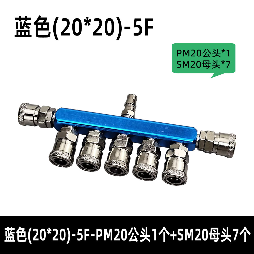 5-Station Pneumatic Manifold Assembly: Aluminum Header + 7xSM20 Female & 1xPM20 Male Adapters