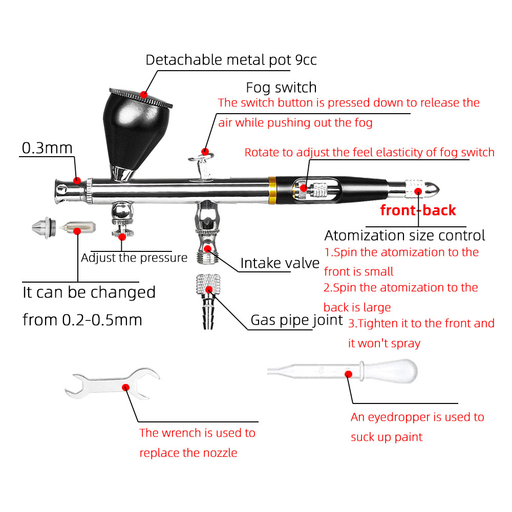 AR180T-0.2-0.3-0.5 mm Double Action Airbrush, Nail Makeup Tool, Body Tattoo, Sprayer, Cake, Toy Model