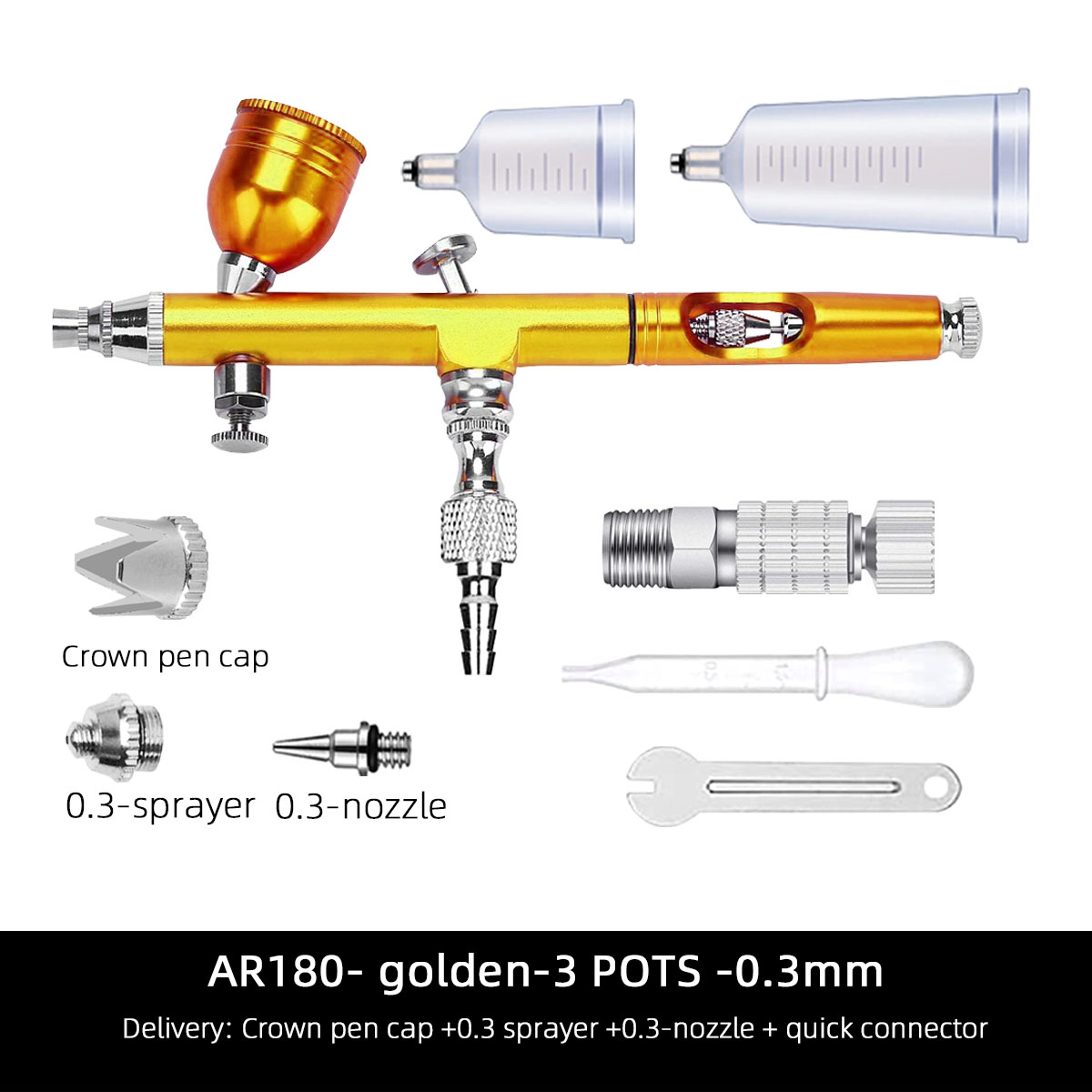 AR180 Set Airbrush Colorful Painting Car Airbrush Artist Model Art Inkjet Pen-Gold -3 POTS -0.3mm